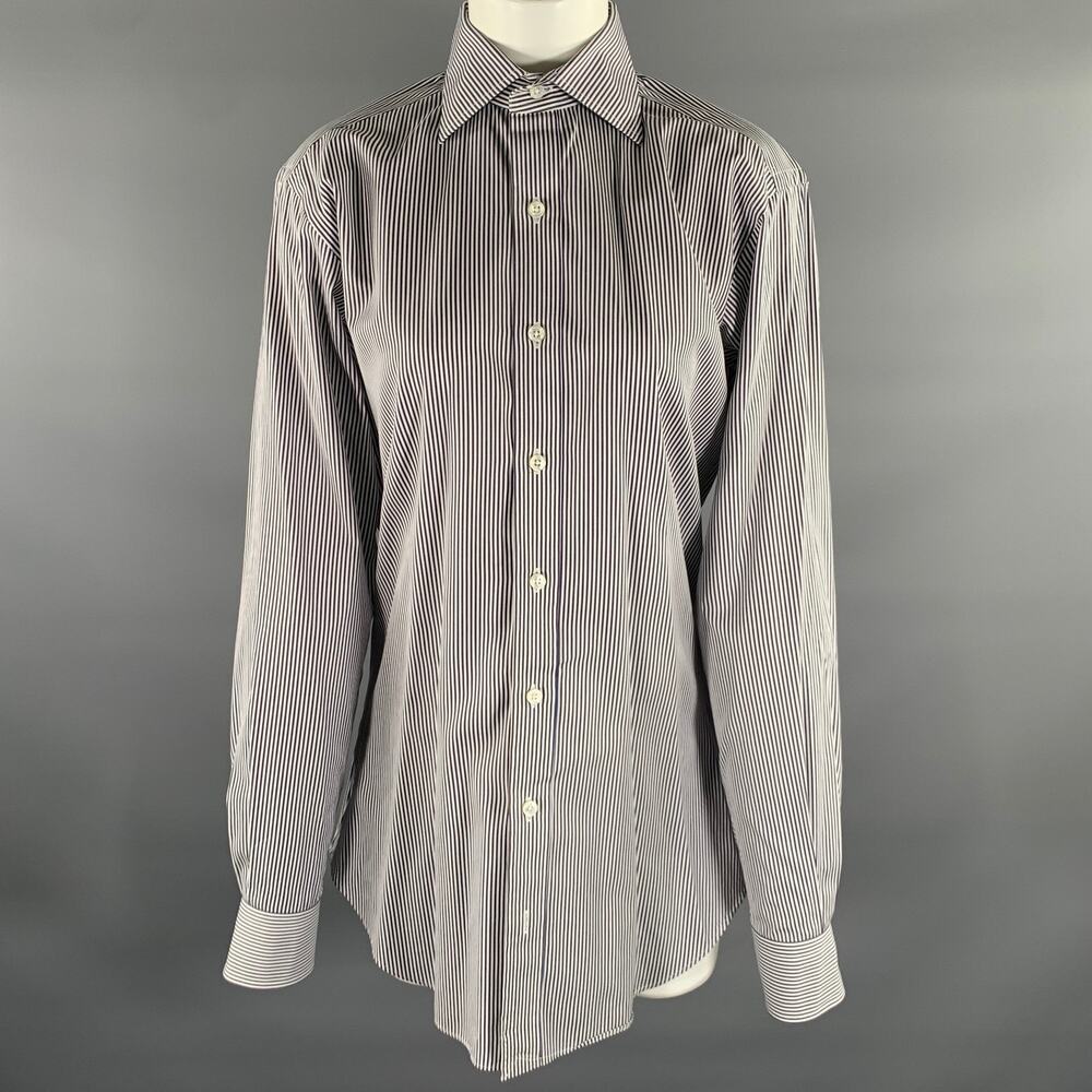 HAMILTON Size S Off White Blue & Brown Stripe Cotton Long Sleeve Shirt